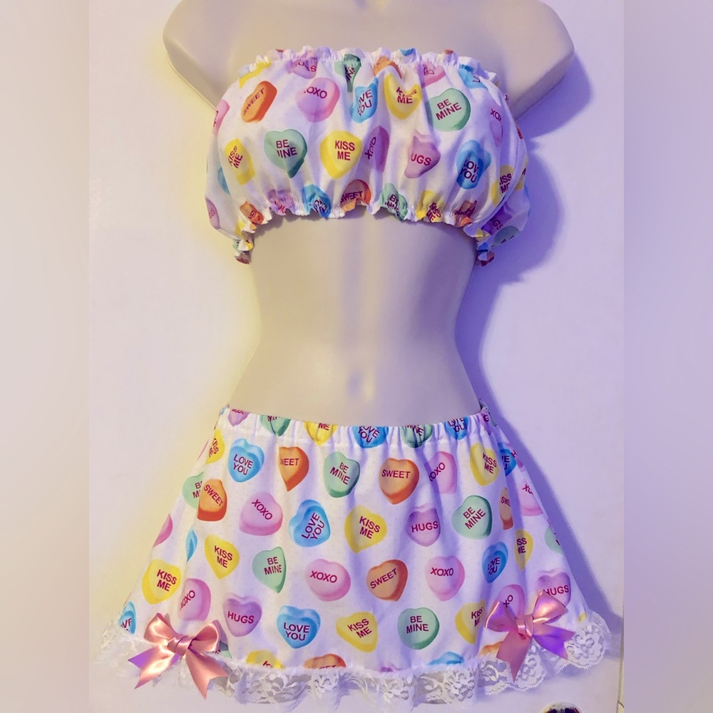 One of a kind Valentines Conversation Hearts Ruffle Mini Skirt Crop Top Dress